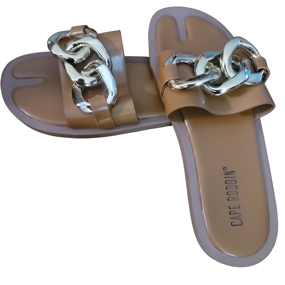 Cape Robbin Shoes - Cape Robbin Tan Slide Sandals with Silver Chain
